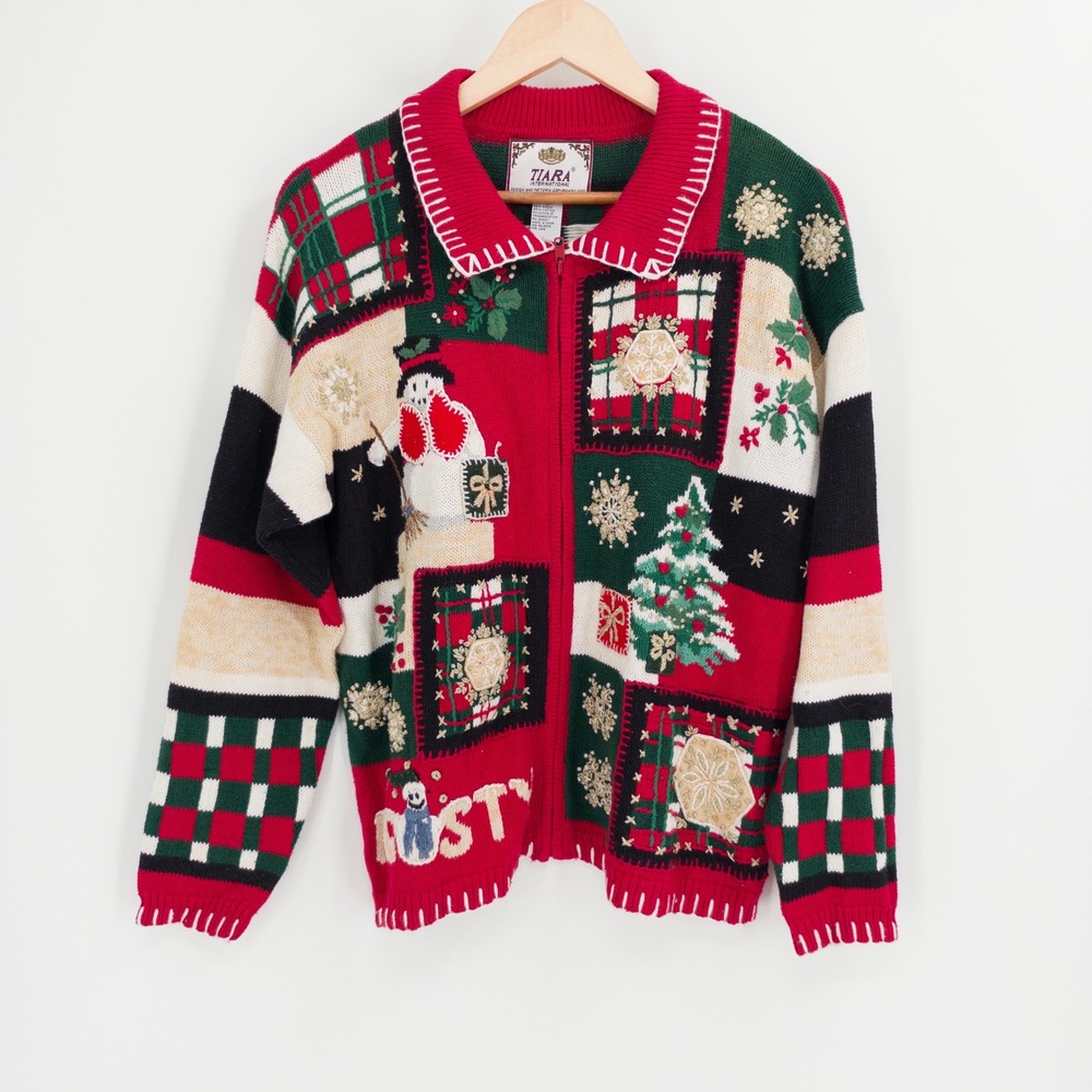 Vintage Christmas Cardigan Women M Tiara Red Holiday Patchwork 90s Granny Retro